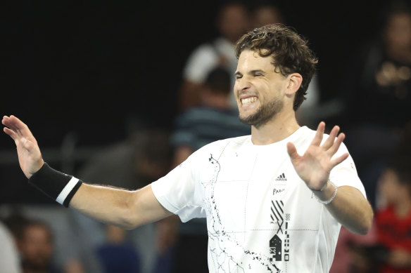 Dominic Thiem celebrates after defeating Nick Kyrgios in five sets.