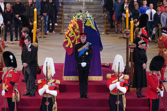 Prince William, Prince of Wales, Prince Harry, Duke of Sussex, Princess Eugenie of York, Princess Beatrice of York, Peter Phillips, Zara Tindall, Lady Louise Windsor, James, Viscount Severn hold a vigil in honour of Queen Elizabeth II at Westminster Hall.