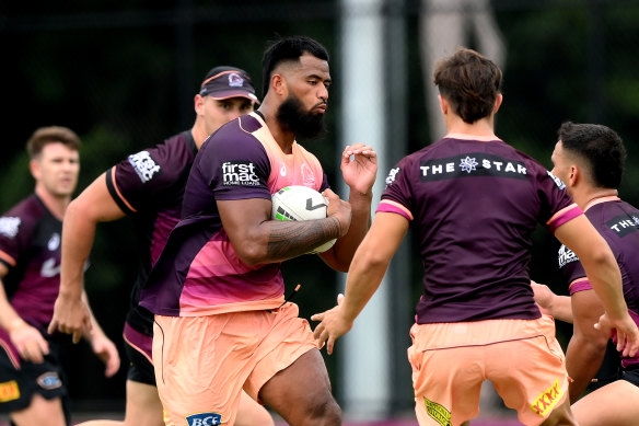 Payne Haas puts in some hard work at Broncos training before their season-opener in Las Vegas.