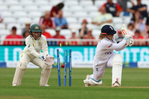 England’s Tammy Beaumont is bowled out by Australia’s Ashleigh Gardner.