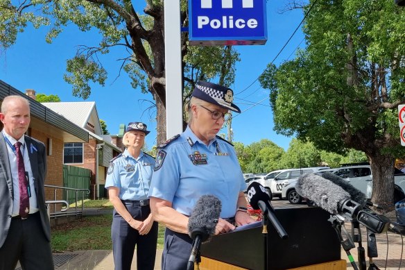 Police Commissioner Katarina Carroll speaking outside Chinchilla police station after the deadly shooting. 