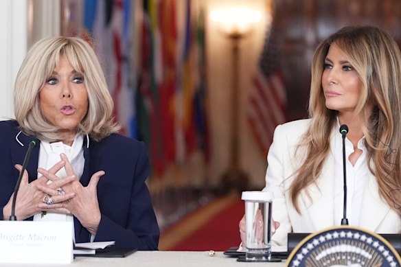 French first lady Brigitte Macron spoke alongside Melania Trump at the White House event. 