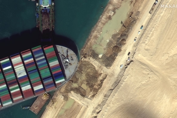 A satellite image shows the cargo ship MV Ever Given stuck in the Suez Canal.