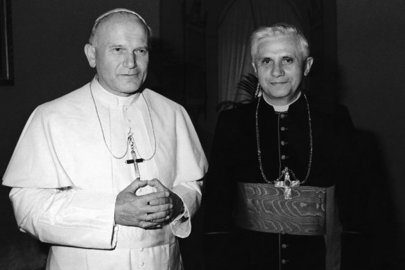 Pope John Paul II, left, stands next to German Cardinal Joseph Ratzinger in 1979.
