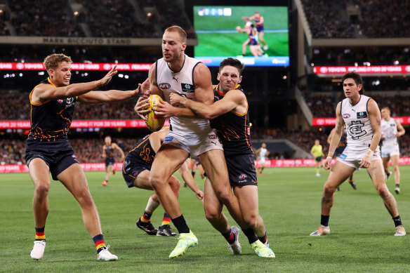 Carlton’s Harry McKay is caught out in Thursday night’s loss to Adelaide.