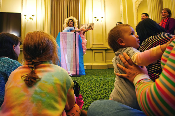 Drag queen ‘Frock Hudson’, reads ‘A House for Everyone’ by Jo Hirst on Wednesday morning.