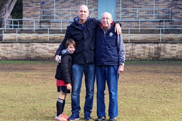 Three generations of Harrison men, standing on the pitch where writer Chris’ life took a dramatic turn at 12 years old.