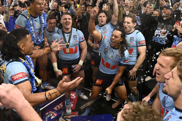 Jarome Luai leads the celebrations in the NSW sheds.