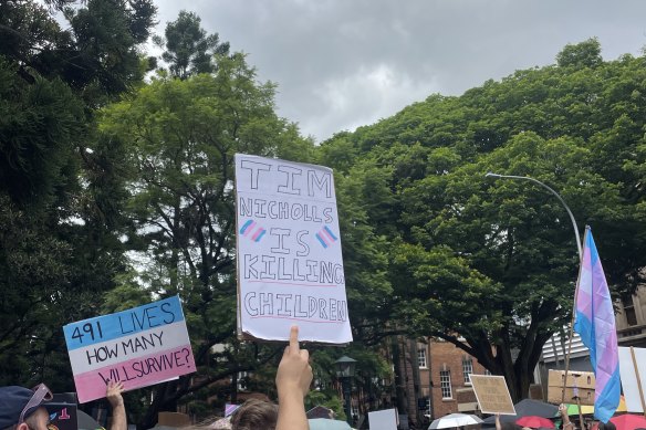 Protesters marched on Queensland parliament this month to call on the LNP to lift the ban on hormone therapy for trans kids.