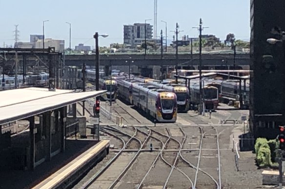 V/Line trains were backed up at the entrance to Southern Cross Station after the fire.