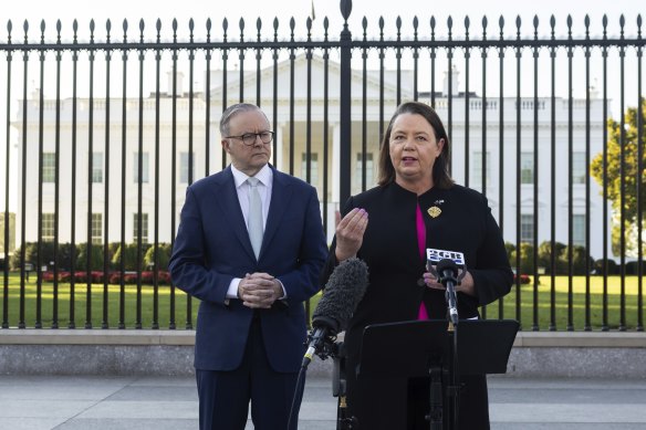 Prime Minister Anthony Albanese and Resources Minister Madeleine King outside the White House.