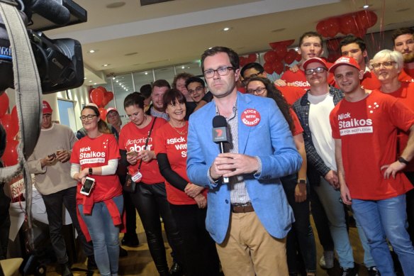 Bentleigh Labor MP Nick Staikos with his supporters in 2018.