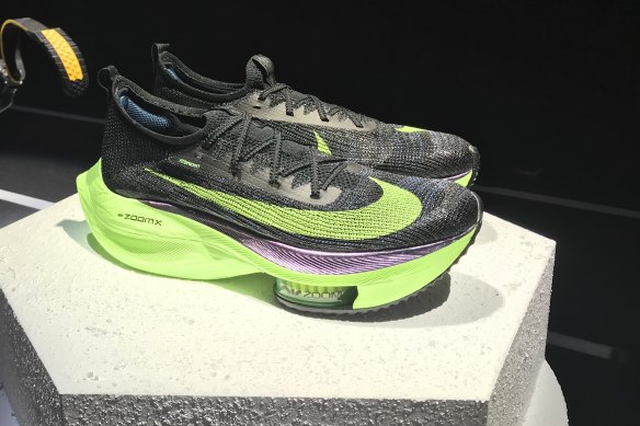 Nike’s Air Zoom Alphafly Next% running shoe is displayed at the Nike 2020 Forum in New York.