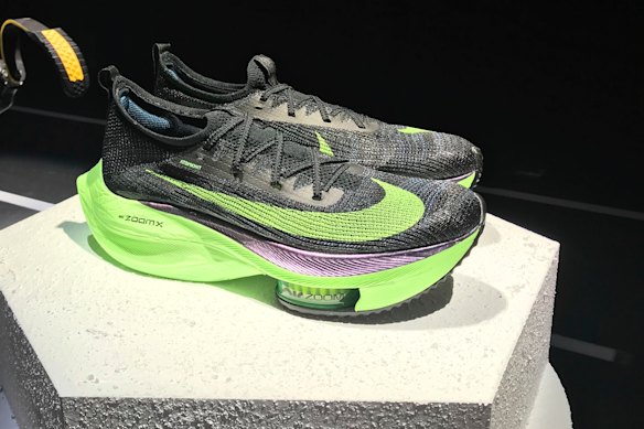 Nike’s Air Zoom Alphafly Next% running shoe is displayed at the Nike 2020 Forum in New York.