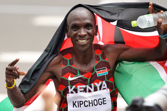 Kenyan Eliud Kipchoge celebrates winning back-to-back Olympic gold medals in the men’s marathon. 