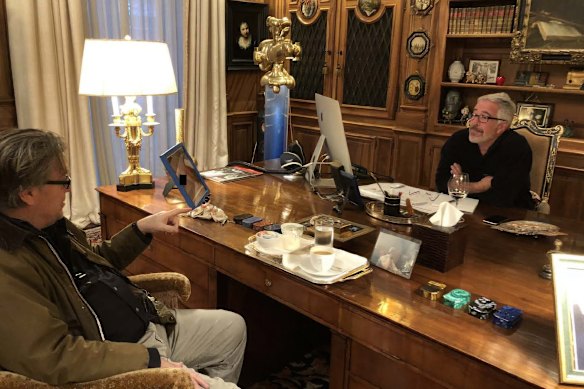 Trump ally Steve Bannon (left) was reportedly planning to make a sympathetic documentary about Epstein (right) shortly before his 2019 death.