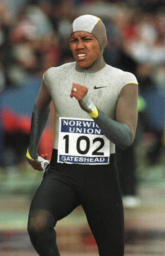 Freeman trials the full-body suit in competition in the north of England in 2000.