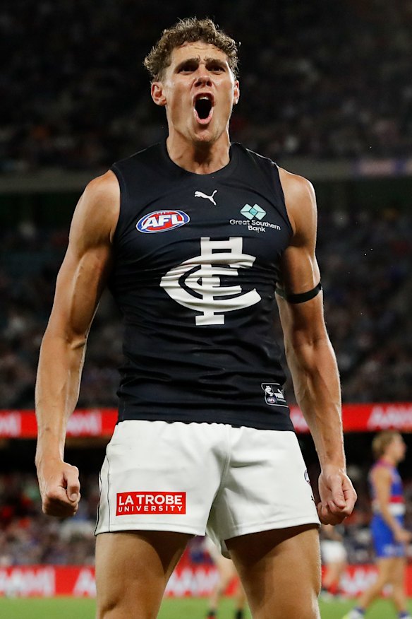 Five goals: Charlie Curnow kicked a bag for the Blues.