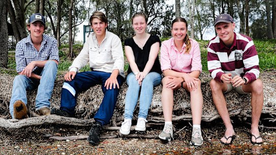 Left to right: Connor Shaw, 18, from Armidale; Lachlan Donnelly, 17, from Nyngan; Sarah Wood, 16, from Cowra; Grace Wilkes-Bowes, 14, from Naradhan; and Taylor Kleinschmidt, 18, from Finley at the Unicef Australia NSW summit on living with drought.