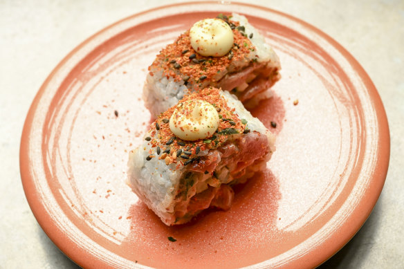 The go-to dish: Spicy tuna rolls come with a slightly Brazilian-influenced saffron topping.