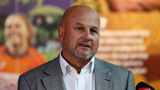 Interim Rugby Australia chief executive Rob Clarke addresses the media a day after announcing widespread job cuts. 