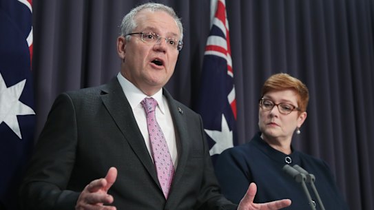 Prime Minister Scott Morrison and Minister for Foreign Affairs Marise Payne address the media during a press conference on Australia’s embassy in Israel, at Parliament House in Canberra on  Tuesday 16 October 2018. fedpol Photo: Alex Ellinghausen