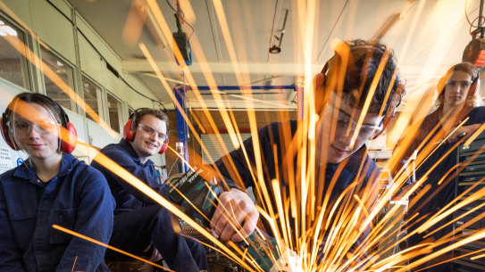Kerang Technical High School students, Kate Heffer, Ryan Jardine, Tanner Treacy and Rylee Gitsham (left to Right) in the school’s engineering workshop. 
