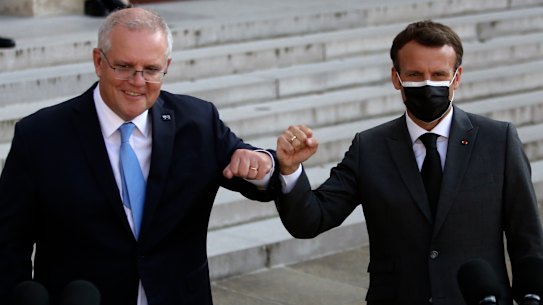 Shoulder-to-shoulder. Prime Minister Scott Morrison with French President Emmanuel Macron in Paris.
