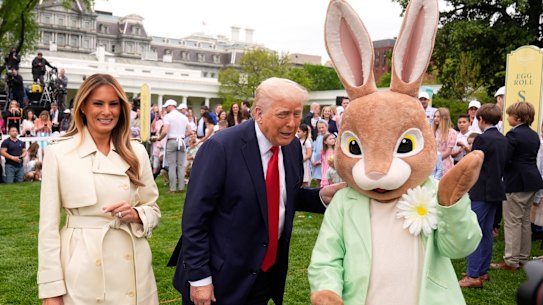 President Donald Trump, the First Lady and the Easter Bunny at the annual egg roll at the White House.
