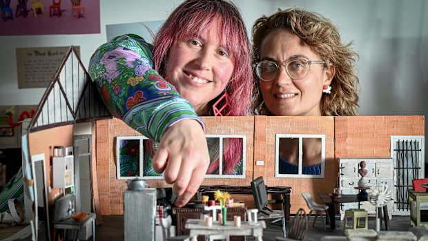 Isobel Knowles, left, and Van Sowerwine with props for their VR work The World Came Flooding In.
