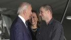 President Joe Biden and Vice President Kamala Harris greet reporter Evan Gershkovich at Andrews Air Force Base.