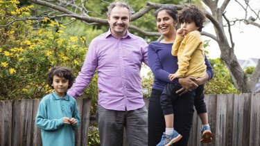 Mabrooka Singh and Michael Neve with their children Sidney, 6, and Arjan, 3 at home in Oak Park.