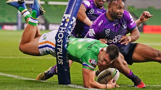 Canberra's Nic Cotric scores in the victory over Melbourne.