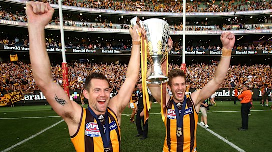 Four-time Hawks premiership teammates Luke Hodge and Grant Birchall both finished their careers with the Lions.
