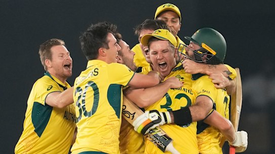Party time: Australia reacted with joy after claiming a sixth World Cup with a superb performance against India.