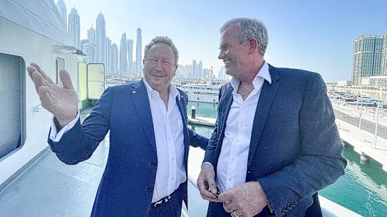 Andrew Forrest and CEO of Fortescue Future Industries Mark Hutchinson on board the Green Pioneer, which is berthed in Dubai on the sidelines of the COP28 climate talks.