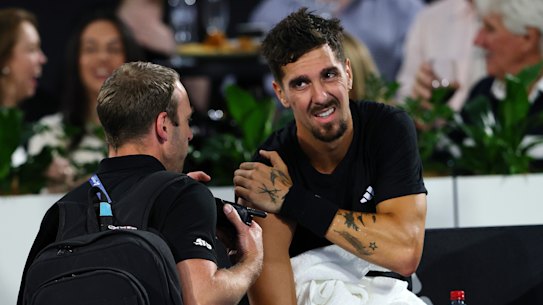 Thanasi Kokkinakis suffered further shoulder troubles in his singles win in Adelaide.
