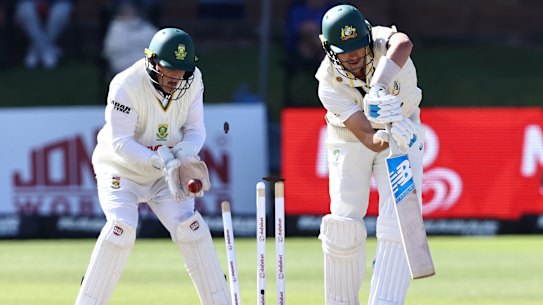 Pat Cummins is bowled.