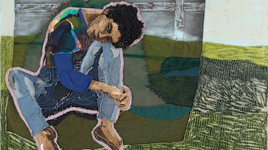 Archibald Prize 2023 finalist, Julia Gutman ‘Head in the sky, feet on the ground’, oil, found textiles and embroidery on canvas.