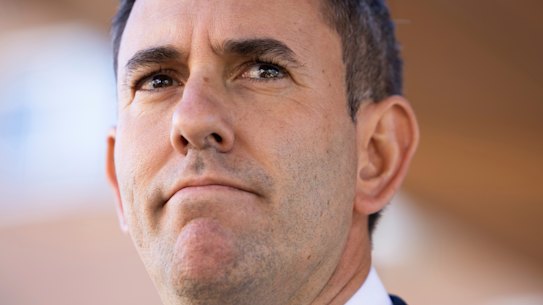 Treasurer Dr Jim Chalmers  addresses the media at a doorstop interview during a visit to Goodwin Village Farrer, in Canberra on Thursday 4 May 2023. fedpol Photo: Alex Ellinghausen