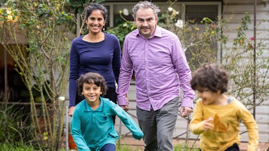 Mabrooka Singh and Michael Neve with their children Sidney, 6, and Arjan, 3 at home in Oak Park. Parents in Moreland’s north say the three public secondary schools in the area are in serious trouble, with declining enrolments, poor results and inadequate subject offerings. They are pushing for an education plan, including potentially converting Pascoe Vale Girls College into a co-ed school. The other two schools, Glenroy and Fawkner College, both skew very male.

Photograph by Paul Jeffers
The Age NEWS
26 May 2022