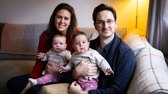 Reana and James Gallichio with their 8-month-old twins Olive (left) and Rose.