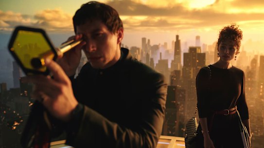 Adam Driver as renowned architect Cesar Catilina and Nathalie Emmanuel as Julia in Megalopolis.