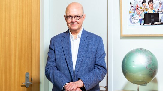 ABC Chair Kim Williams during an interview with AFR media and marketing reporter Sam Buckingham Jones at the ABC Headquarters in Ultimo, Sydney on June 10, 2024. Photo: Dominic Lorrimer