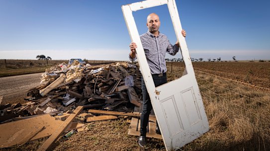 Melton Mayor Steve Abboushi with illegally dumped waste.