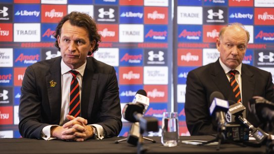 Essendon CEO Xavier Campbell and president David Barham at the Hangar on Sunday.