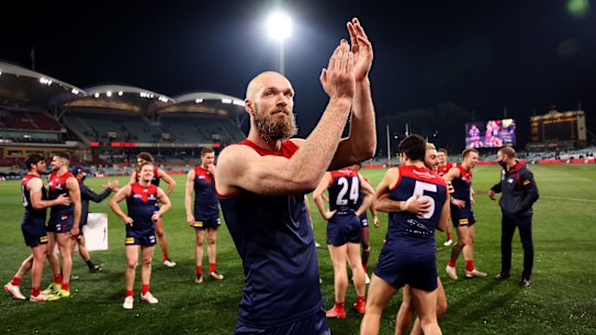 ADELAIDE, AUSTRALIA - AUGUST 28: Max Gawn of the Demons celebrates their win during the 2021 AFL First Qualifying Final match between the Melbourne Demons and the Brisbane Lions at Adelaide Oval on August 28, 2021 in Adelaide, Australia. (Photo by James Elsby/AFL Photos via Getty Images)