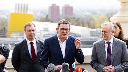 Premier Daniel Andrews and Prime Minister Anthony Albanese in Carlton on Tuesday