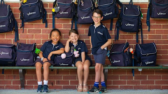 Pictures of Amelia Trinh (7), Golda Paparo (8)  and Leopold Boyatzis (8) at Jolimont Primary School in Jolimont, Perth.