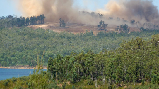 Alcoa blasting bauxite to prepare for mining near Serpentine Dam.